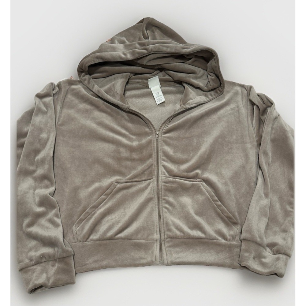 H&M Women's M Oversized Zip Cropped Hoodie Plus Velour- Beige Tan EUC